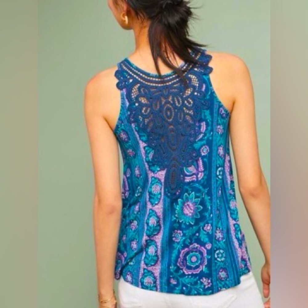 Anthropologie Akemi+Kim Epoca Purple Teal Crochet Back Boho Swing Tank Top XS